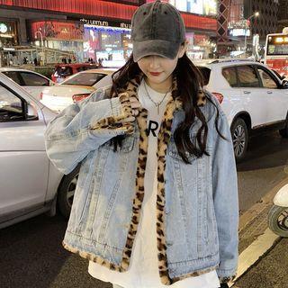 Leopard Print Panel Button Denim Jacket