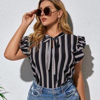 Plus Size Cap-sleeve Tie-neck Striped Top