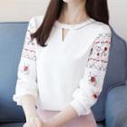 Keyhole Neck Embroidered Long-sleeve Chiffon Top
