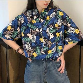 Short Sleeve Floral Print Shirt Blue - One Size