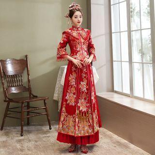 Set: Embroidered Fringed Trim Chinese Wedding Cheongsam + Maxi Skirt + Headpiece + Earring