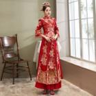 Set: Embroidered Fringed Trim Chinese Wedding Cheongsam + Maxi Skirt + Headpiece + Earring