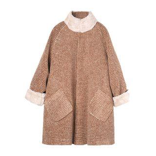 Stand Collar Furry-trim Plaid Coat