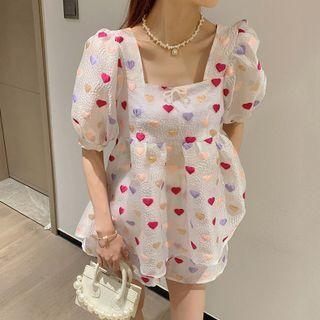 Puff-sleeve Square-neck Dotted Blouse + High-waist Dotted Shorts