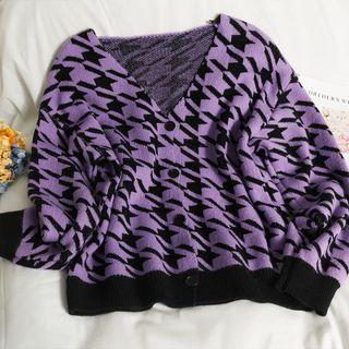 Houndstooth Slim-fit Cardigan Purple - One Size