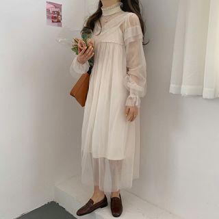 Set: Puff-sleeve Midi A-line Mesh Dress + Slipdress Set Of 2 - One Size