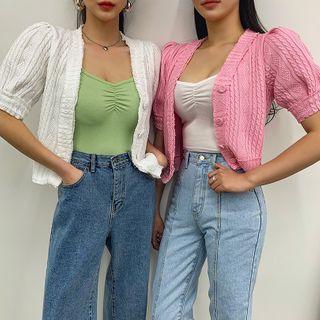 Puff-sleeve Cable-knit Cropped Cardigan