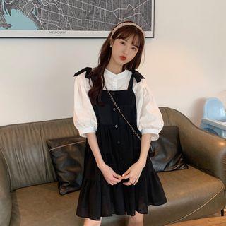 Set: Puff-sleeve Plain Blouse + Jumper Dress