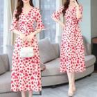 Heart Print Elbow-sleeve V-neck Midi A-line Dress