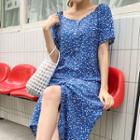 Off-shoulder Floral Print Shirtdress Blue - One Size