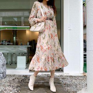 Belted Frill-hem Floral Long Chiffon Dress