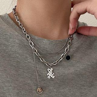 Bear & Smiley Pendant Layered Alloy Necklace 1 Pc - Silver - One Size