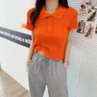 Polo-collar Ruffle-trim Knit Top