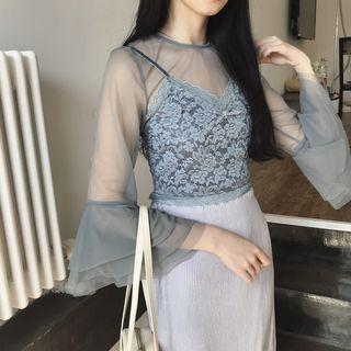Set: Mesh Bell-sleeve Top + Lace Camisole Top