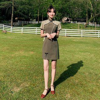 Plaid Panel Short-sleeve Slit Mini Qipao