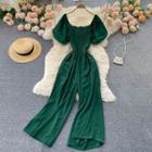 Off-shoulder Plain Puff-sleeve Jumpsuit