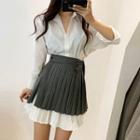 Set: Plain Long Shirt + Pleated Striped Mini Skirt