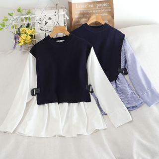 Mock Two-piece Knit Panel Overhead Shirt