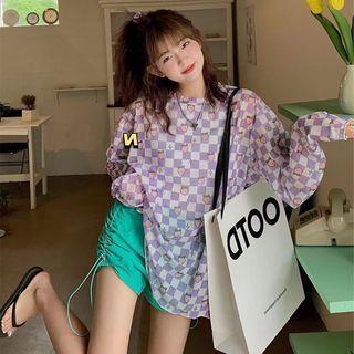 Long-sleeve Plaid Mesh T-shirt