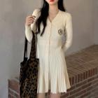 Long-sleeve Knit Pleated Mini A-line Dress Almond - One Size