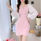 Long-sleeve Sweetheart Two-tone Mini Sheath Dress