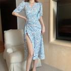 Short-sleeve Flower Print Side-slit A-line Dress