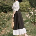 Set: Square-neck Elbow-sleeve Ruffled Blouse + Midi A-line Skirt