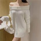 Off-shoulder Ribbed Sweater White - One Size