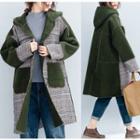 Hooded Plaid Panel Button Coat Dark Green - One Size