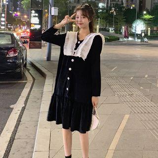 Long-sleeve Frill-trim Velvet Dress
