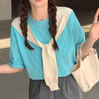 Set: Elbow-sleeve Plain T-shirt + Knit Shawl