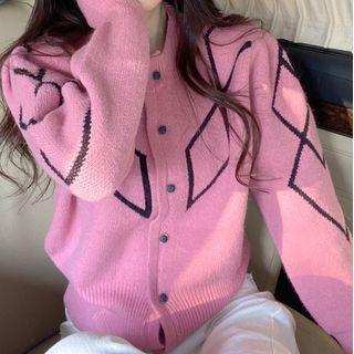 Round Neck Plain Argyle Loose Fit Knit Top Pink - One Size