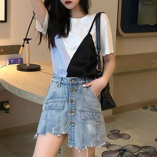 Set: Mock Two-piece Paneled Short-sleeve T-shirt + Washed Denim A-line Skirt