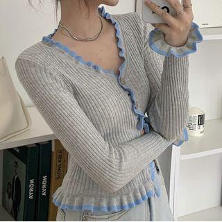 Ruffle Cardigan Blue & Light Gray - One Size