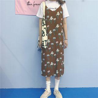 Set : Print Short-sleeve T-shirt + Spaghetti Strap Dress
