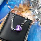 Asymmetric Faux Crystal Heart Pendant Choker Necklace - Purple & Silver - One Size