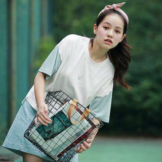 Elbow-sleeve Embroidery Panel T-shirt