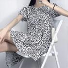 Puff-sleeve Leopard Print Mini A-line Dress Black & White - One Size