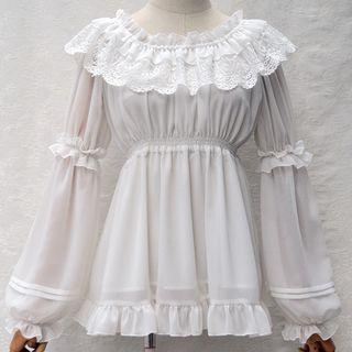 Lace Trim Long-sleeve Chiffon Blouse