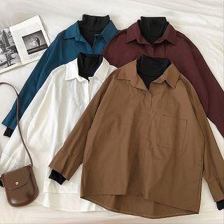Mock Two-piece Mock-neck Knit Panel Long-sleeve Blouse