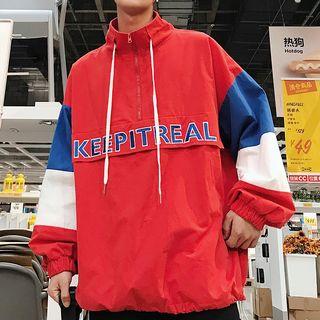 Lettering Color Block Half-zip Jacket