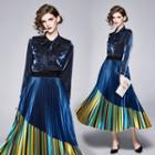 Set: Iridescent Shirt + Paneled Pleated Midi A-line Skirt