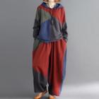 Set: Color Block Hoodie + Baggy Pants Red & Green & Blue & Gray - One Size