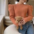 Puff-sleeve Plain Sweater Tangerine - One Size