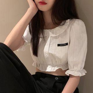 Collared Short-sleeve Ruffled Cropped Blouse