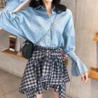 Denim Shirt/ Asymmetric Hem Tie-waist Plaid Mini A-line Skirt