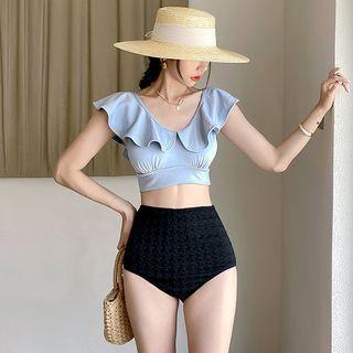 Set: Frill Trim Tankini Top + High-waist Bottom
