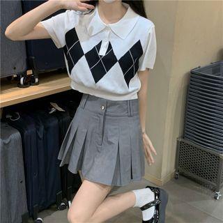 Short-sleeve Cropped Argyle Polo Knit Top