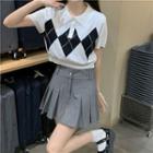 Short-sleeve Cropped Argyle Polo Knit Top