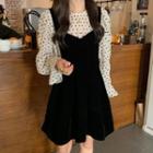 Long-sleeve Dotted Sheer Blouse / Mini A-line Overall Dress